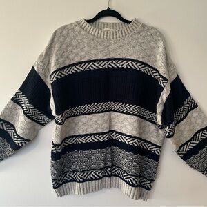 Vintage Fair Isle Mens Grey Navy Crewneck Sweater Size L Outdoor Office  Knit